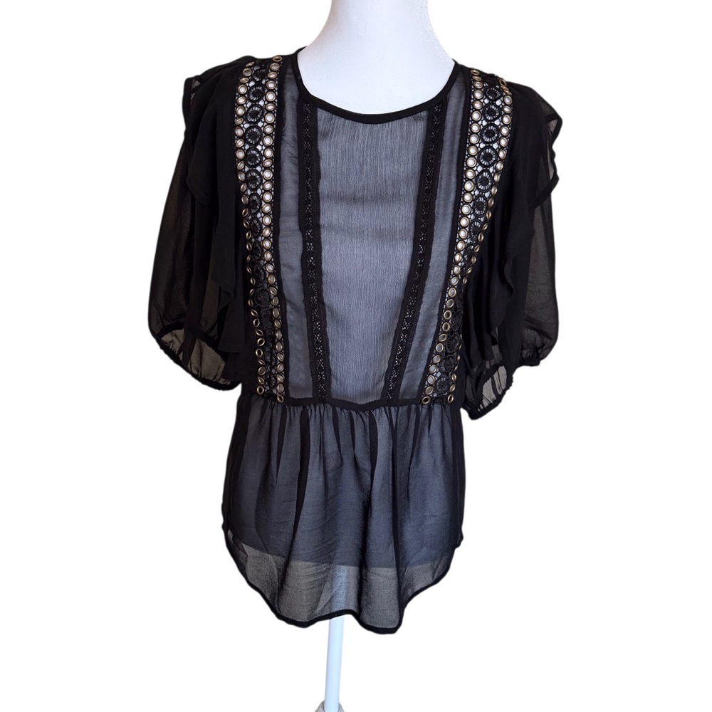 ASOS  black sheer lace and grommet blouse.
